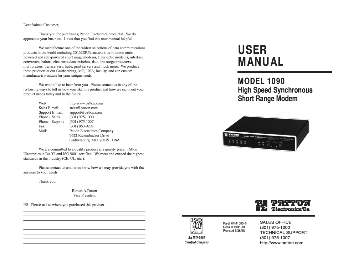 Patton electronic 1090 user manual High Speed Synchronous Short Range Modem, User Manual, Model 