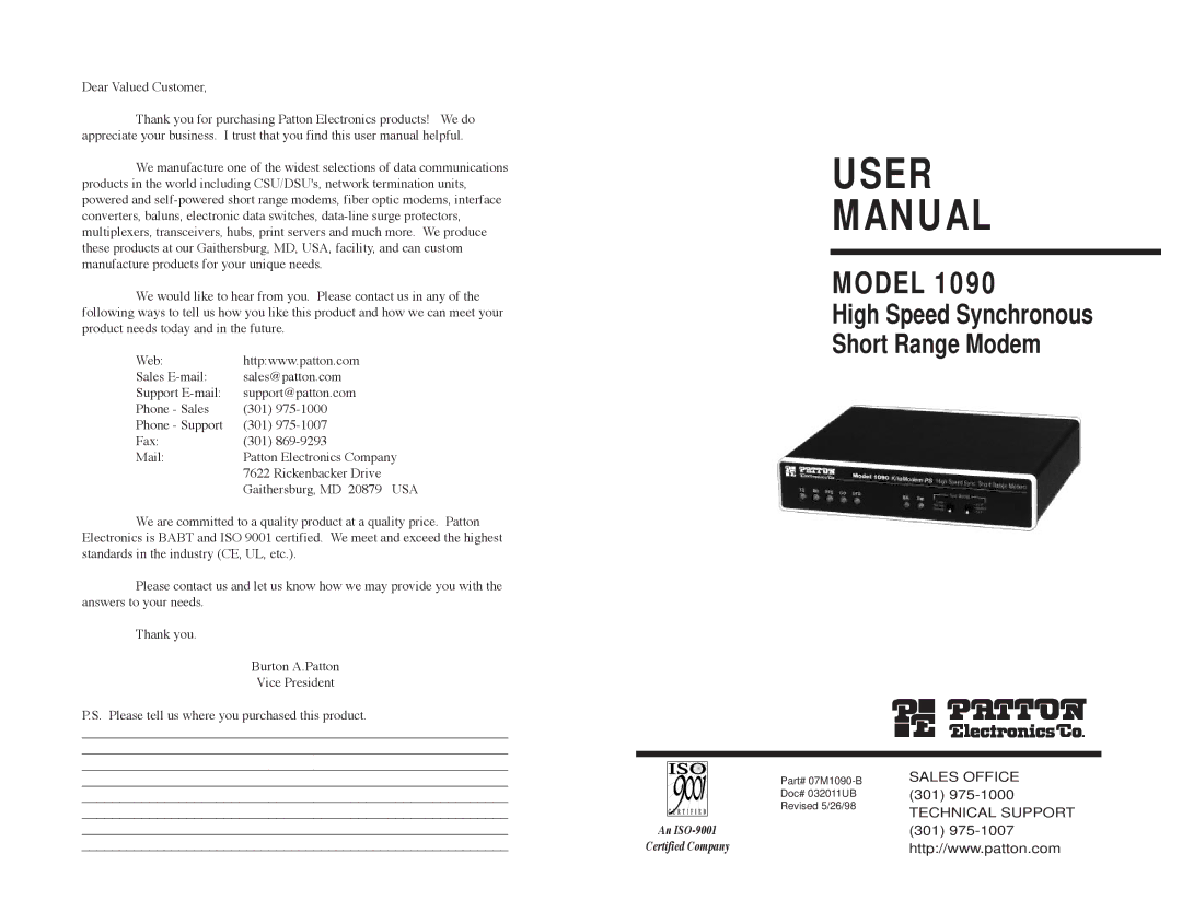 Patton electronic 1090 user manual User Manual 