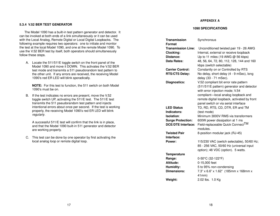 Patton electronic 1090 user manual 4 V.52 BER Test Generator, Specifications 