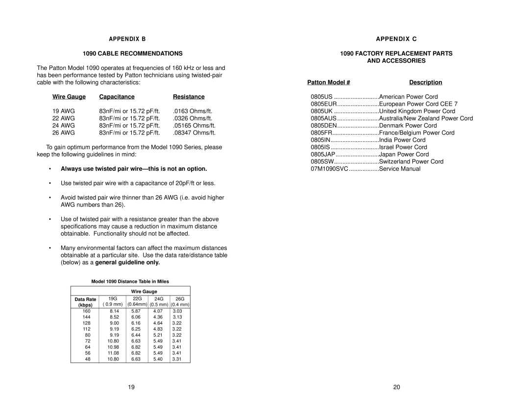 Patton electronic 1090 user manual Cable Recommendations, Wire Gauge Capacitance Resistance, Patton Model # Description 