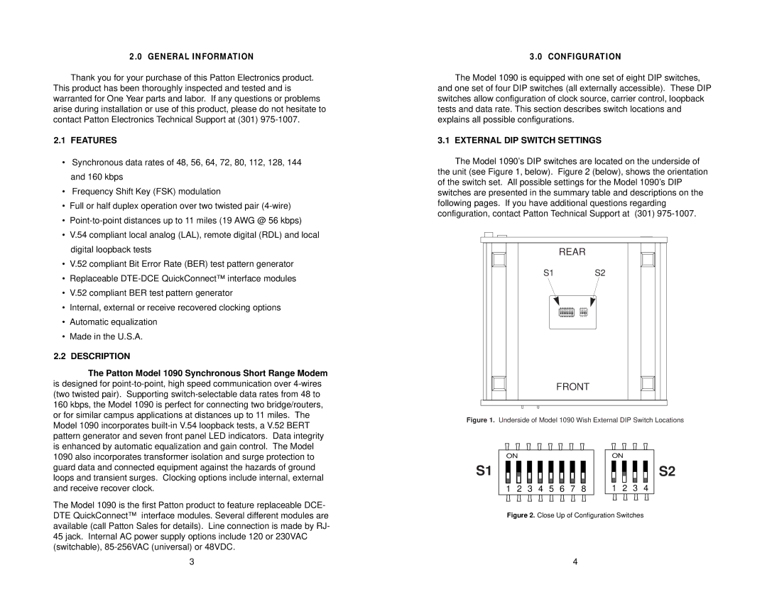 Patton electronic 1090 user manual Features, Description, External DIP Switch Settings 