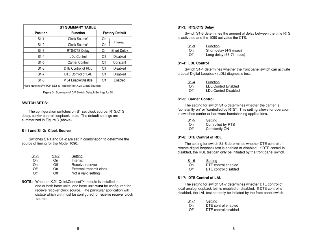 Patton electronic 1090 user manual S1 Summary Table, Switch SET S1 