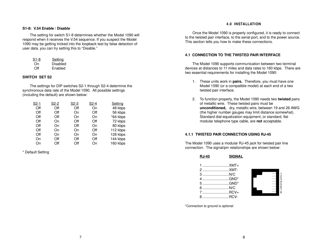 Patton electronic 1090 Switch SET S2, Connection to the Twisted Pair Interface, Twisted Pair Connection Using RJ-45 