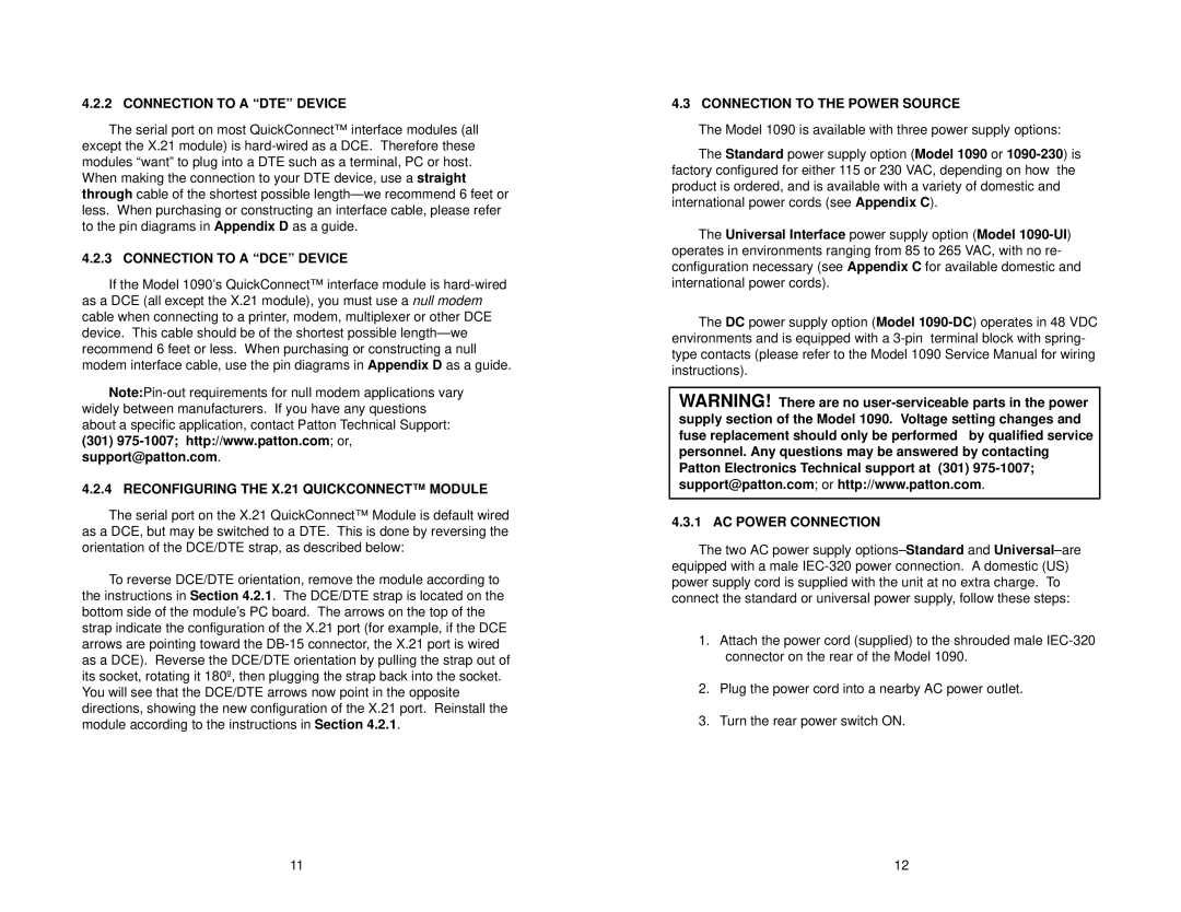 Patton electronic 1090 Connection to a DTE Device, Connection to a DCE Device, Reconfiguring the X.21 Quickconnect Module 