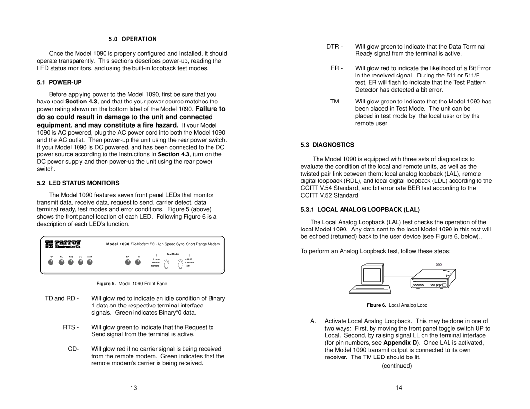 Patton electronic 1090 user manual Power-Up, LED Status Monitors, Diagnostics, Local Analog Loopback LAL 