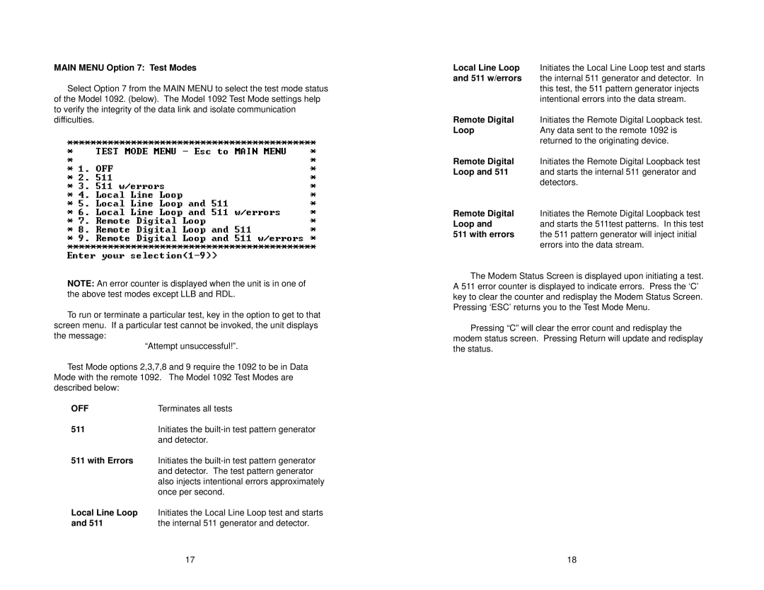 Patton electronic 1092 user manual Main Menu Option 7 Test Modes, Off, 511, With Errors, Local Line Loop 