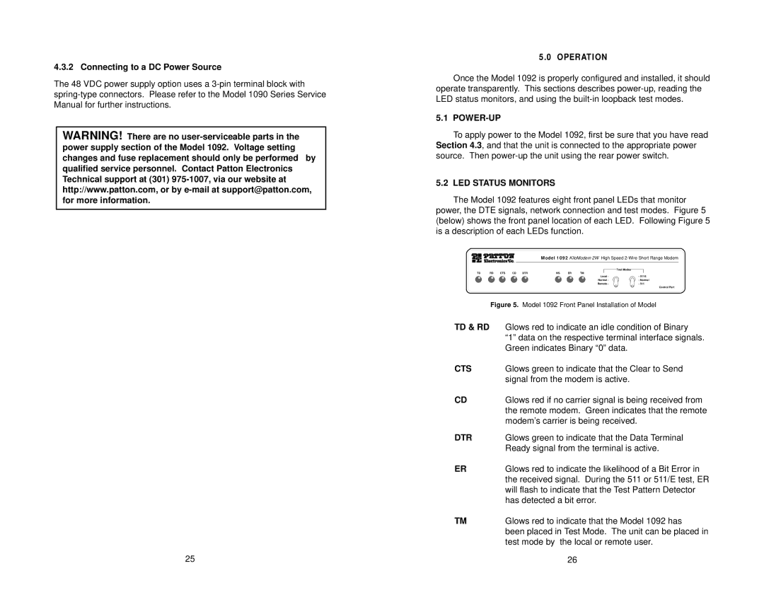 Patton electronic 1092 user manual Power-Up, LED Status Monitors, Td & Rd, Cts, Dtr 