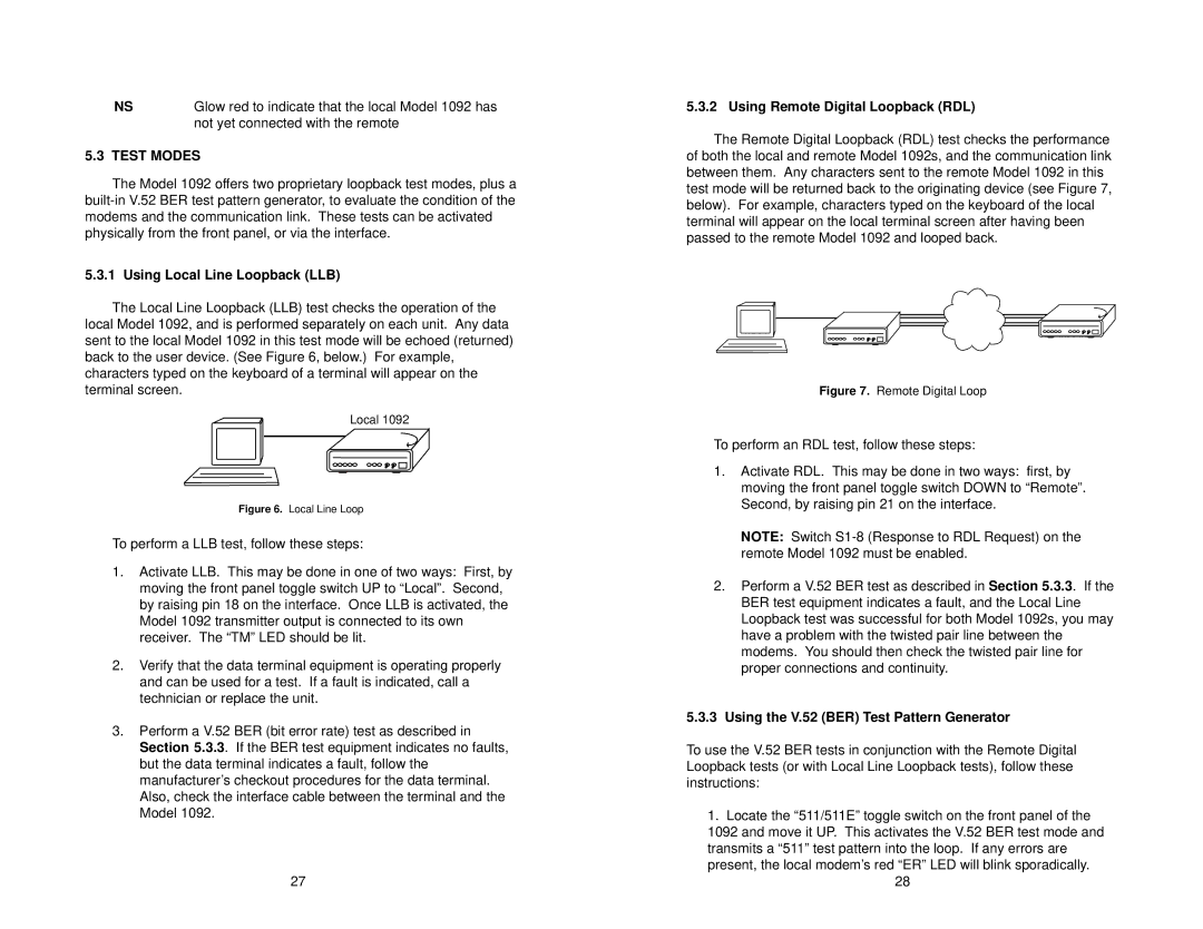 Patton electronic 1092 user manual Test Modes, Using Local Line Loopback LLB, Using Remote Digital Loopback RDL 