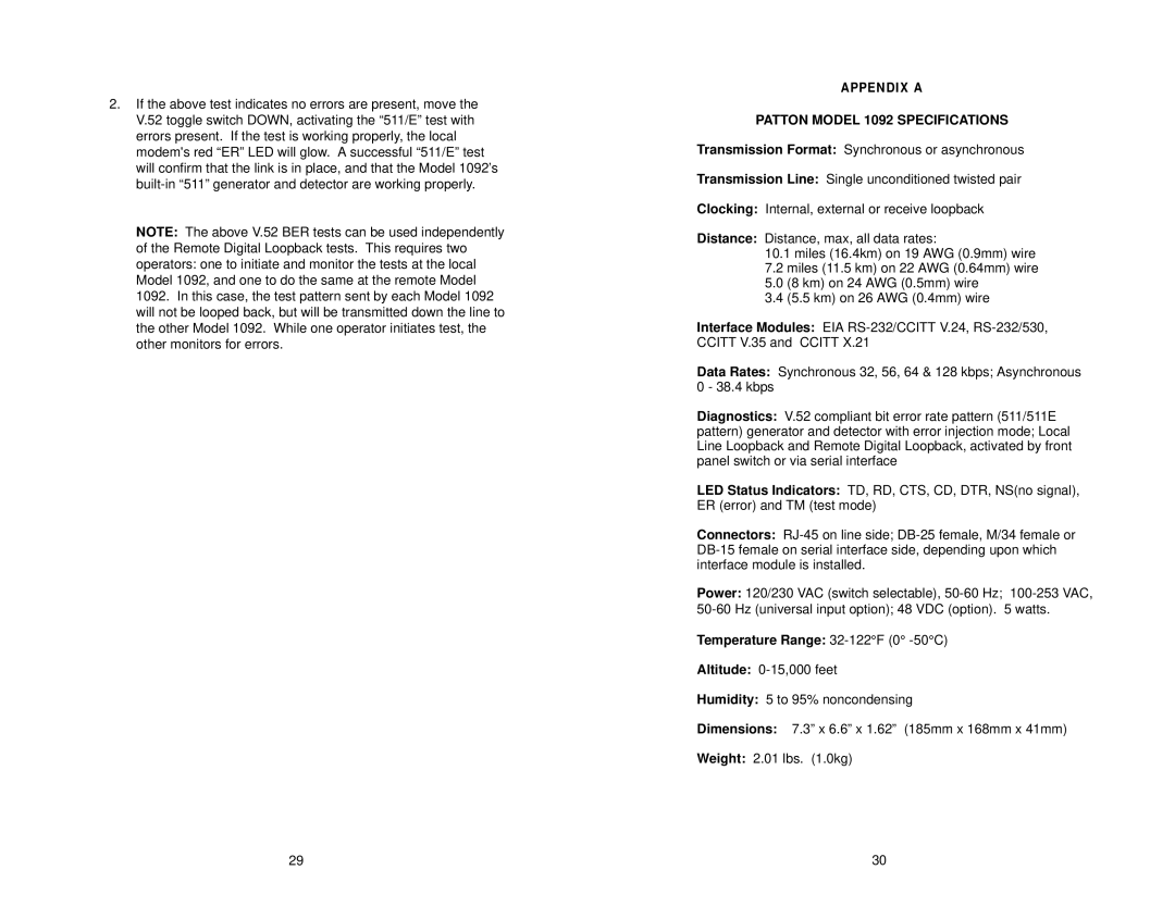 Patton electronic user manual Patton Model 1092 Specifications, Temperature Range 32-122F 0 -50C 