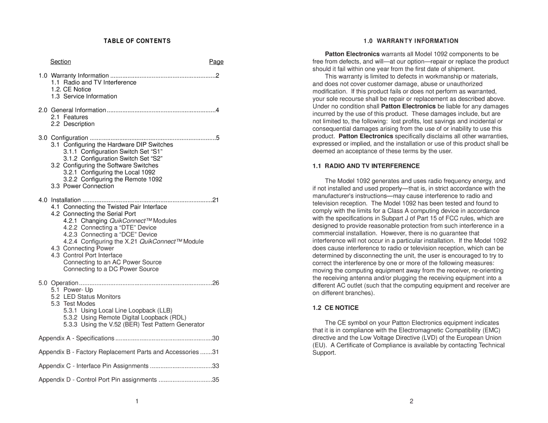 Patton electronic 1092 user manual Radio and TV Interference, CE Notice 