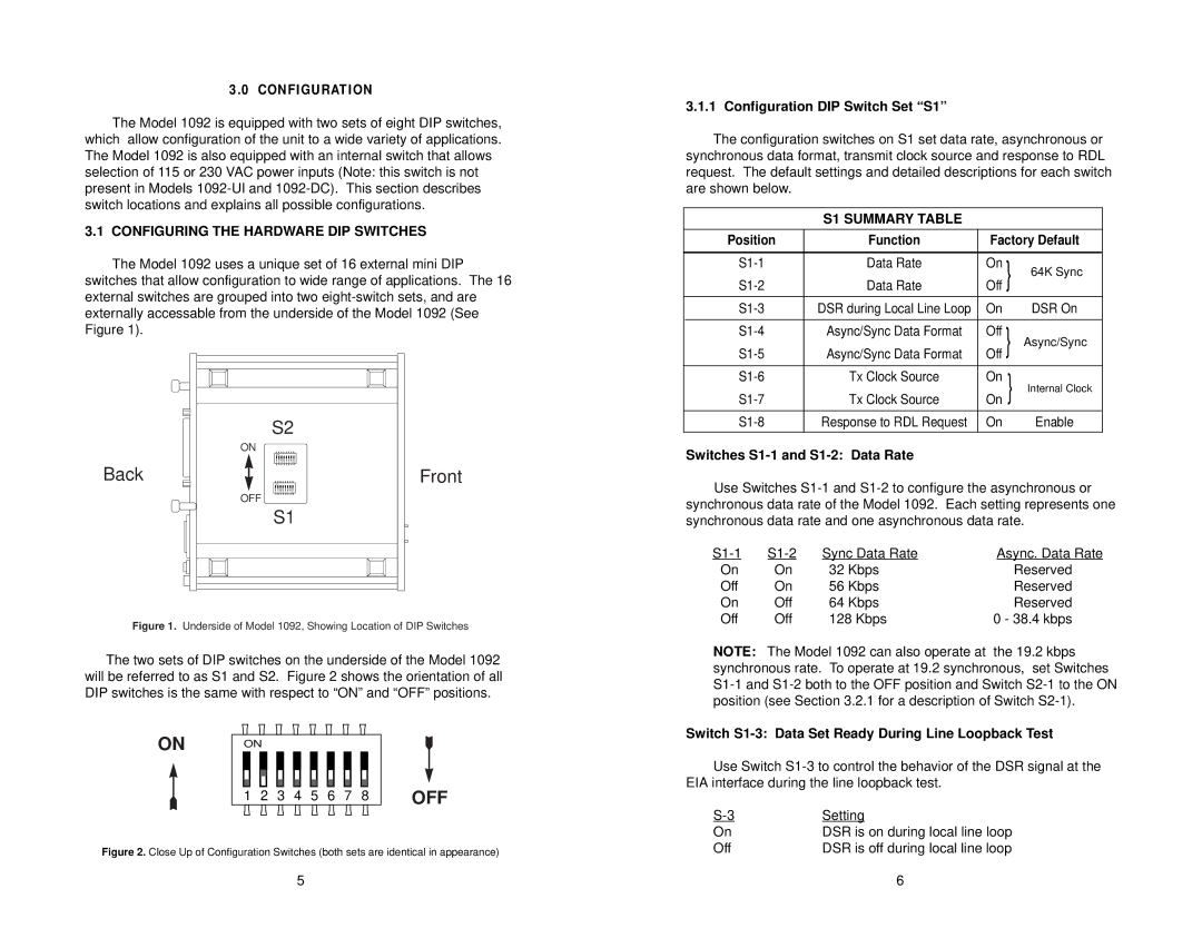 Patton electronic 1092 user manual Configuring the Hardware DIP Switches, Configuration DIP Switch Set S1, S1 Summary Table 