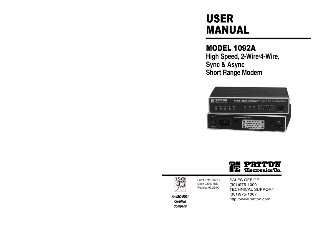 Patton electronic user manual User Manual, MODEL 1092A, High Speed, 2-Wire/4-Wire Sync & Async Short Range Modem 