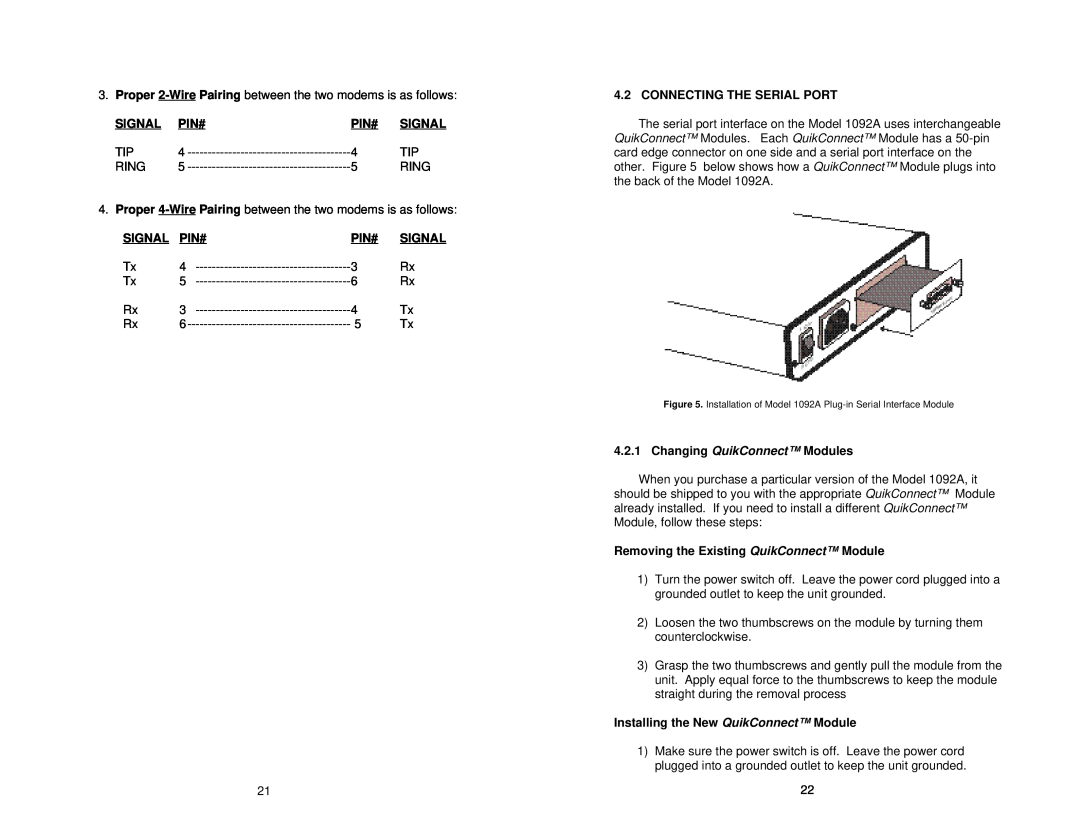 Patton electronic 1092A user manual Signal, Pin#, Connecting The Serial Port, Changing QuikConnect Modules 