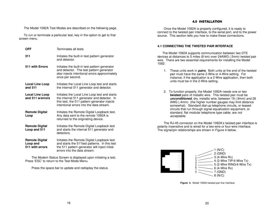 Patton electronic 1092A user manual Off, Installation, Connecting the Twisted Pair Interface 