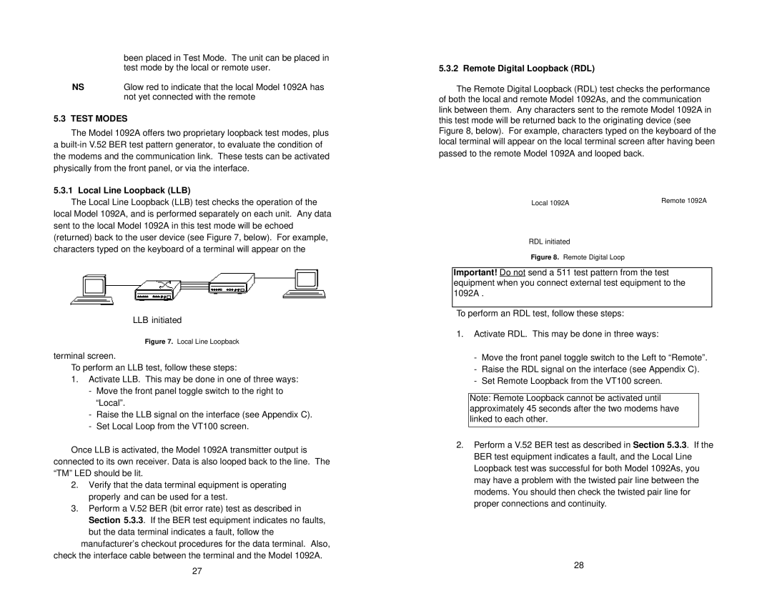 Patton electronic 1092A user manual Test Modes, Local Line Loopback LLB, Remote Digital Loopback RDL 