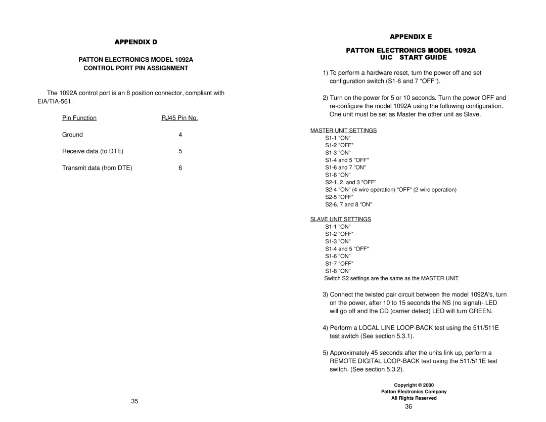 Patton electronic user manual Appendix E Patton Electronics Model 1092A Quick Start Guide, Master Unit Settings 