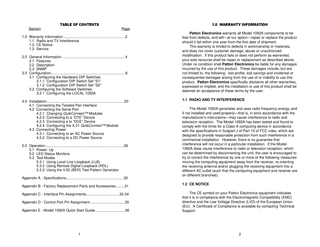 Patton electronic 1092A user manual Table of Contents, Warranty Information, Radio and TV Interference, CE Notice 