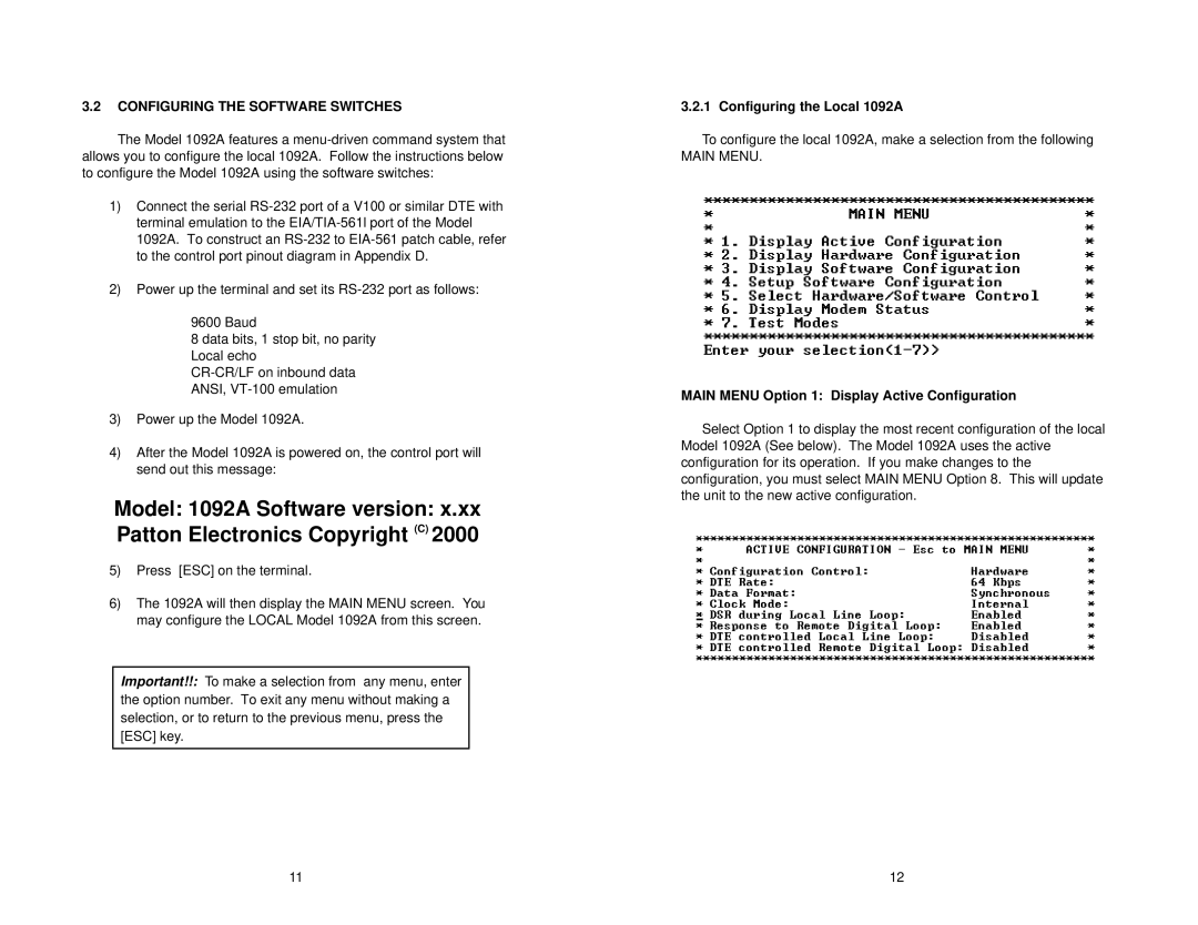 Patton electronic user manual Configuring the Software Switches, Configuring the Local 1092A 