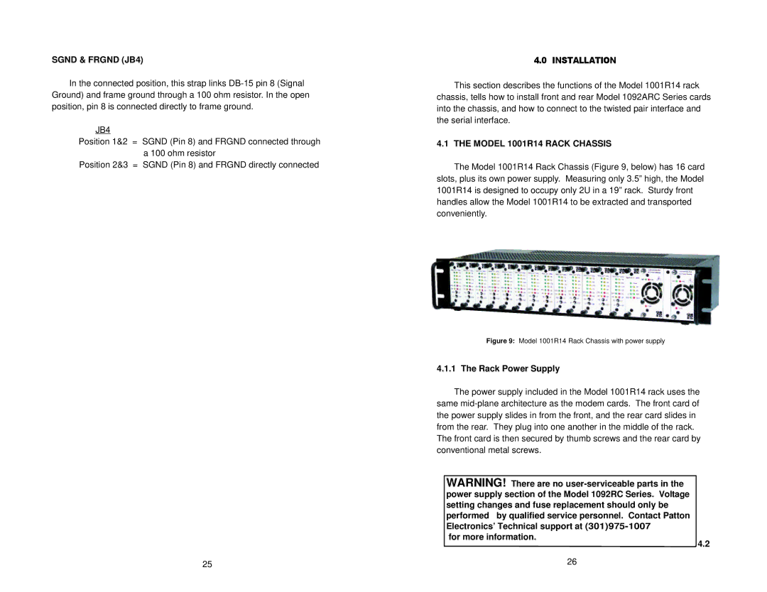 Patton electronic 1092ARC user manual Installation, Model 1001R14 Rack Chassis, Rack Power Supply, For more information 