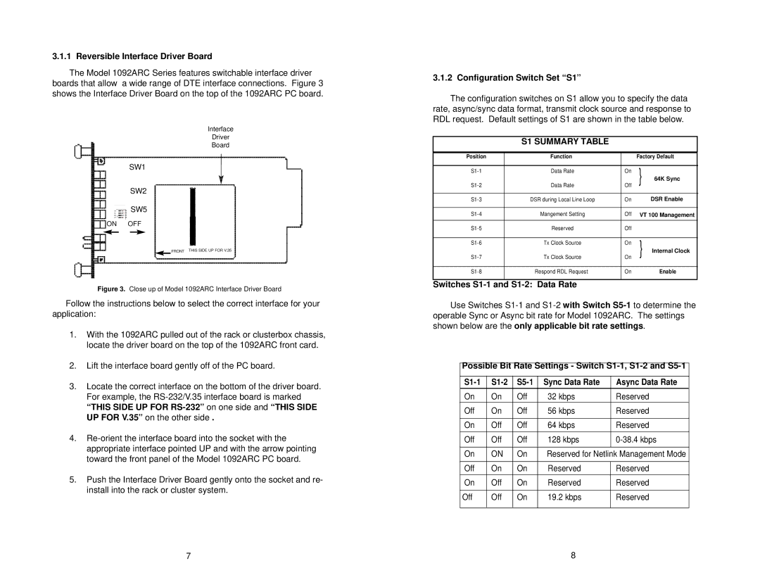 Patton electronic 1092ARC user manual Reversible Interface Driver Board, Configuration Switch Set S1, S1 Summary Table 