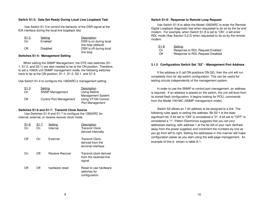 Patton electronic 1092ARC Switch S1-3 Data Set Ready During Local Line Loopback Test, Switches S1-4 Management Setting 