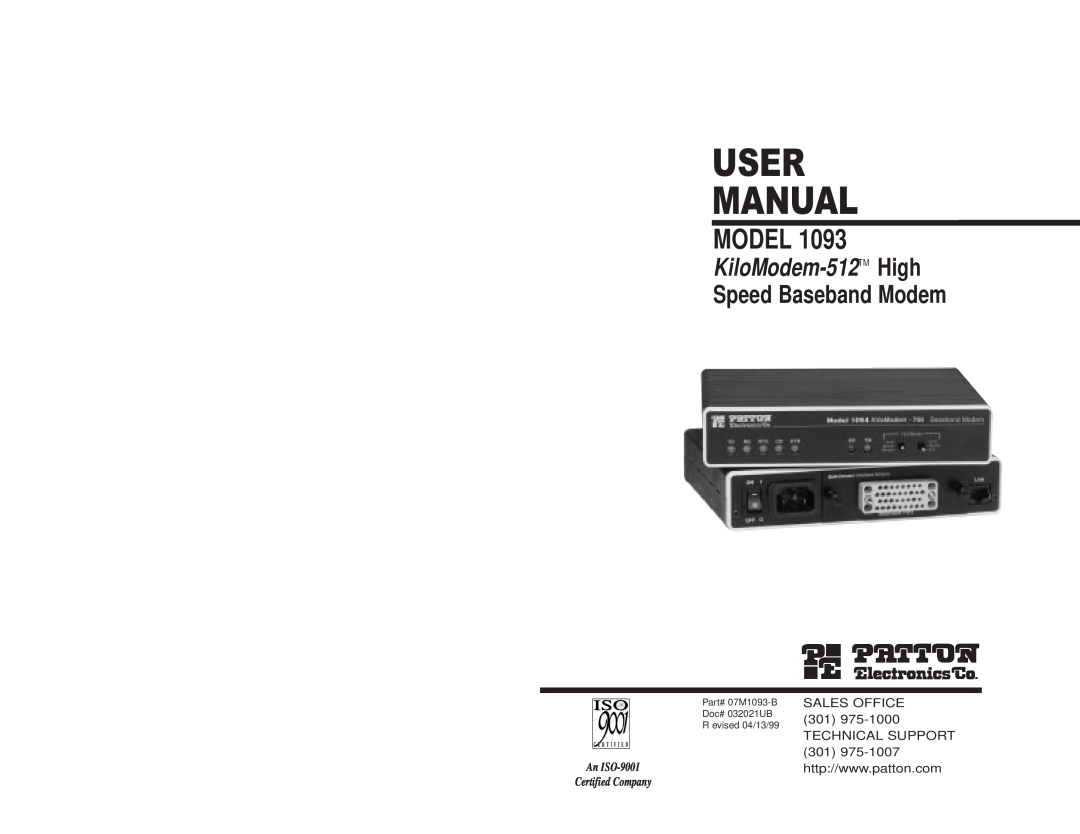 Patton electronic 1093 user manual User Manual, Model, KiloModem-512TM High, Speed Baseband Modem, An ISO-9001 