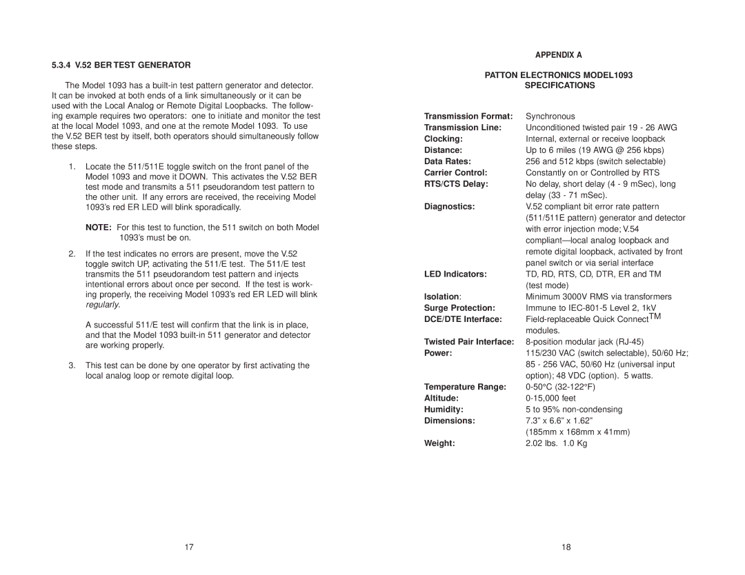 Patton electronic user manual 4 V.52 BER Test Generator, Patton Electronics MODEL1093 Specifications 