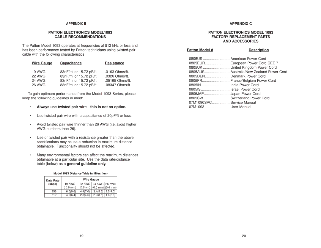 Patton electronic user manual Patton Electronics MODEL1093 Cable Recommendations, Wire Gauge Capacitance Resistance 