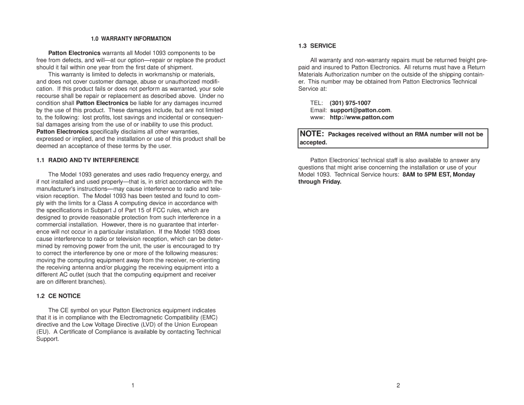 Patton electronic 1093 user manual Radio and TV Interference, CE Notice, Service, TEL 301 Email support@patton.com 