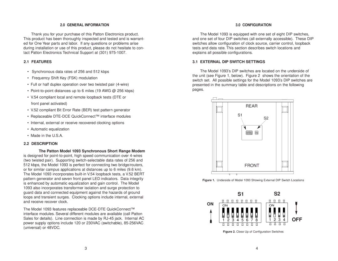 Patton electronic 1093 user manual Features, Description, External DIP Switch Settings 