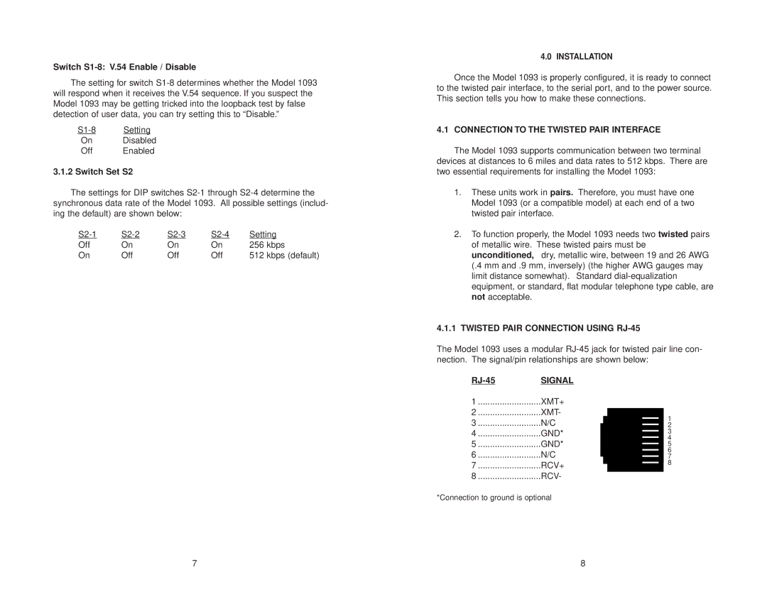 Patton electronic 1093 user manual Connection to the Twisted Pair Interface, Twisted Pair Connection Using RJ-45, Signal 