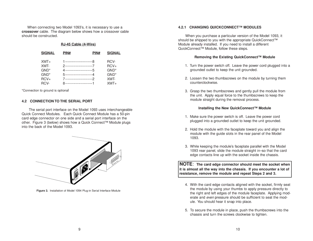 Patton electronic 1093 user manual Signal PIN#, Connection to the Serial Port, Changing Quickconnect Modules 