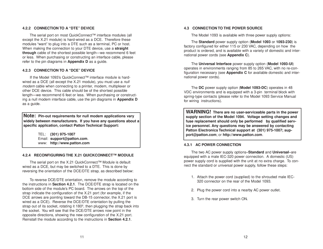Patton electronic 1093 Connection to a DTE Device, Connection to a DCE Device, Reconfiguring the X.21 Quickconnect Module 