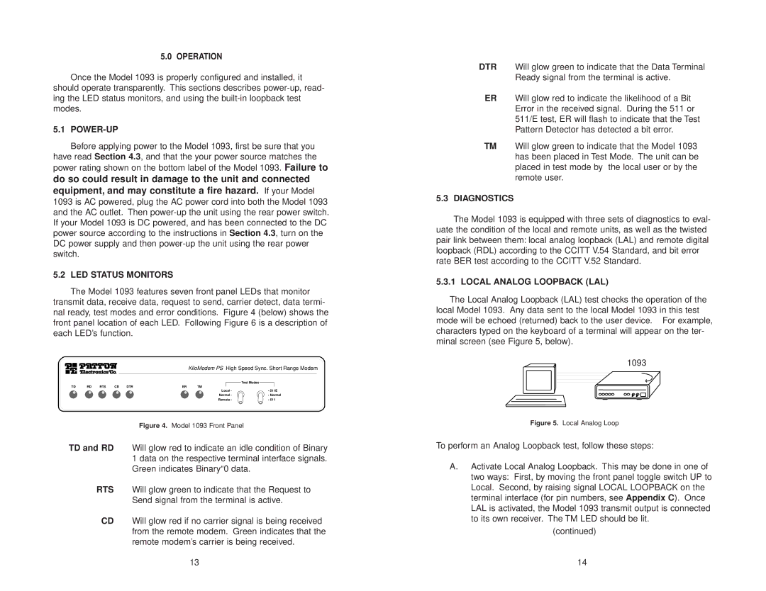 Patton electronic 1093 user manual Power-Up, LED Status Monitors, Diagnostics, Local Analog Loopback LAL 