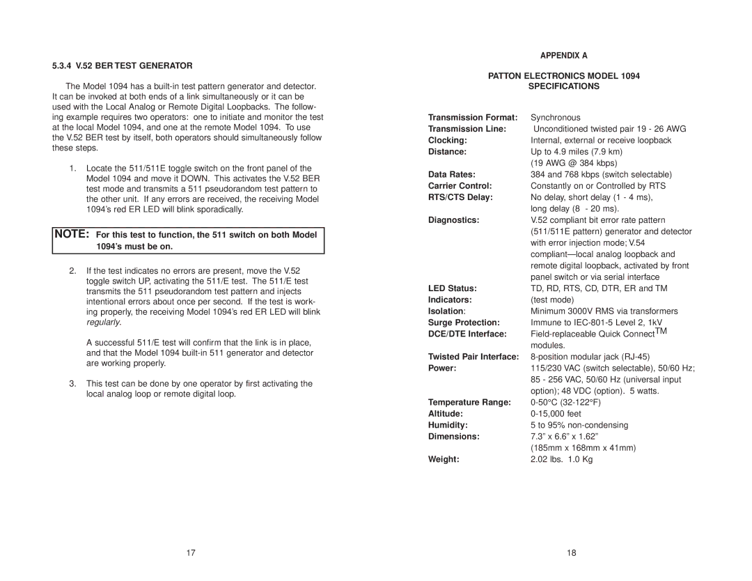 Patton electronic 1094 user manual 4 V.52 BER Test Generator, Patton Electronics Model Specifications 