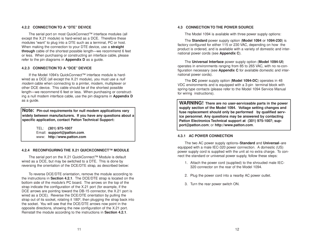 Patton electronic 1094 Connection to a DTE Device, Connection to a DCE Device, Reconfiguring the X.21 Quickconnect Module 