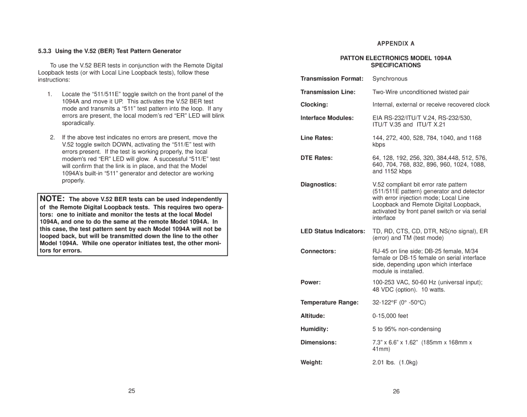 Patton electronic user manual Patton Electronics Model 1094A Specifications 