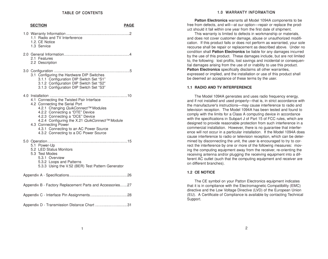 Patton electronic 1094A user manual Section, Radio and TV Interference, CE Notice 