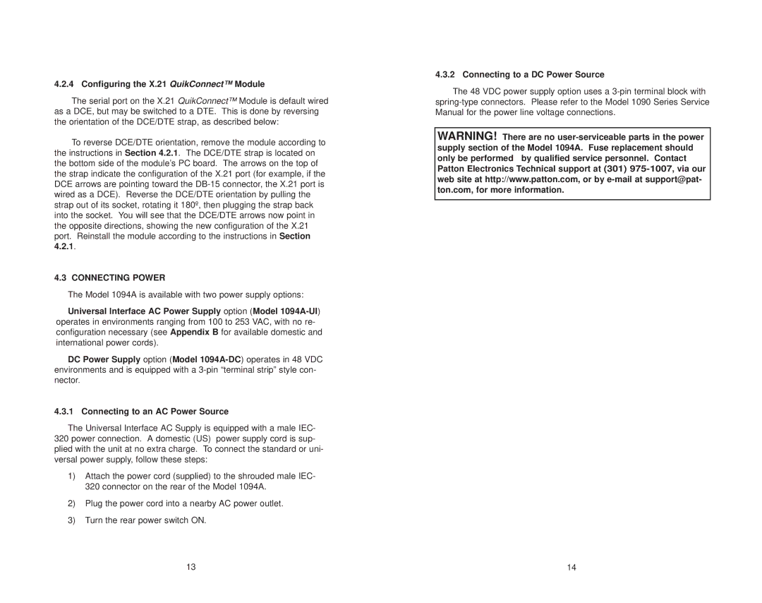 Patton electronic 1094A Configuring the X.21 QuikConnect Module, Connecting Power, Connecting to a DC Power Source 