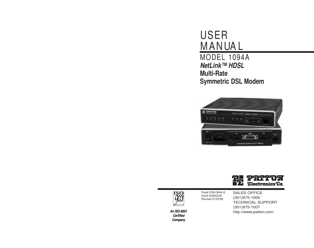 Patton electronic user manual User M A Nua L, MODEL 1094A, NetLink HDSL, Multi-Rate Symmetric DSL Modem, Doc# 032042UB 