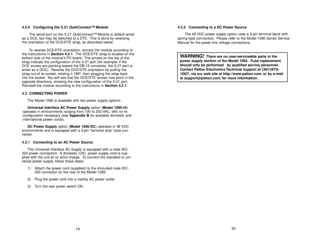 Patton electronic 1095 Configuring the X.21 QuikConnect Module, Connecting Power, Connecting to a DC Power Source 