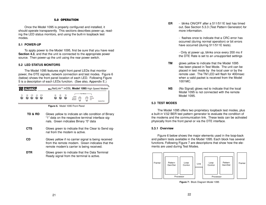 Patton electronic 1095 user manual Power-Up, LED Status Monitors, Td & Rd, Cts, Dtr, Test Modes 