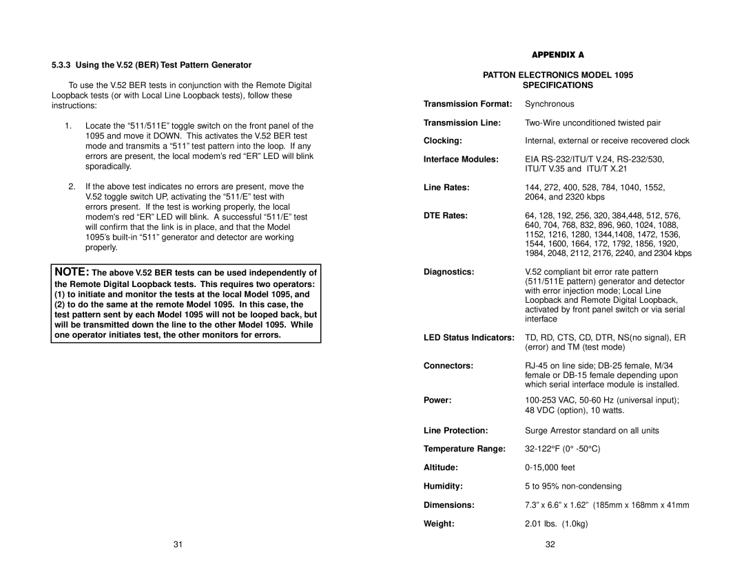 Patton electronic 1095 user manual Patton Electronics Model Specifications 