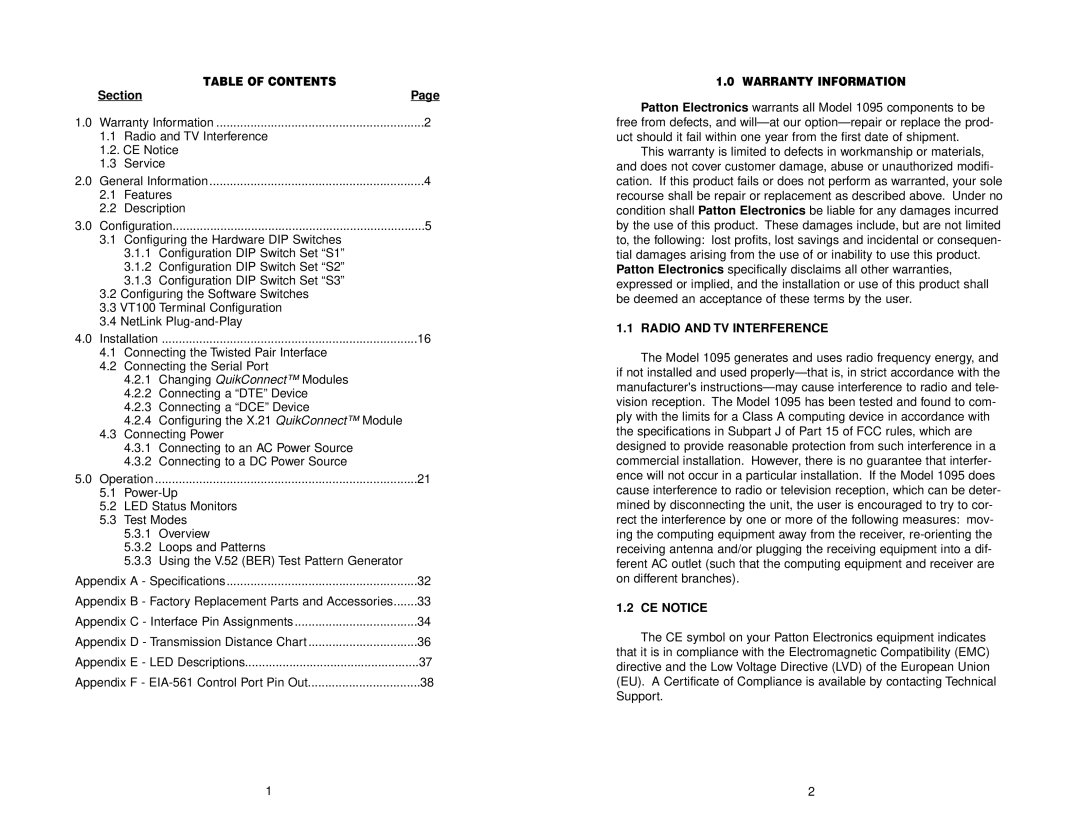 Patton electronic 1095 user manual Section, Radio and TV Interference, CE Notice 