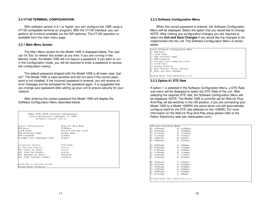 Patton electronic 1095 VT100 Terminal Configuration, Main Menu Screen, Software Configuration Menu, Option #1 DTE Rate 