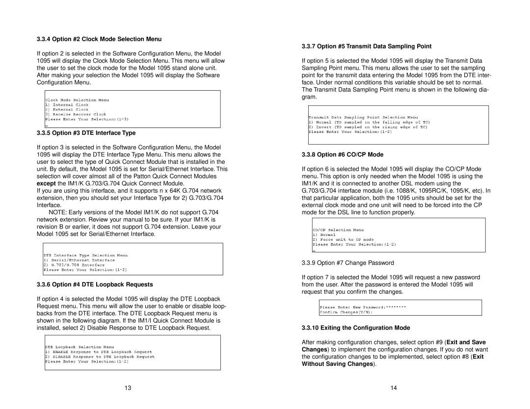 Patton electronic 1095 Option #2 Clock Mode Selection Menu, Option #3 DTE Interface Type, Option #4 DTE Loopback Requests 