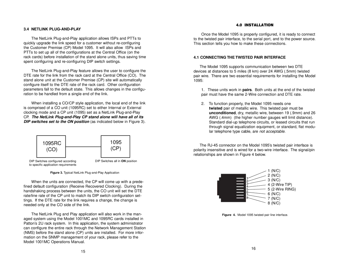 Patton electronic 1095 user manual Netlink PLUG-AND-PLAY, Connecting the Twisted Pair Interface 