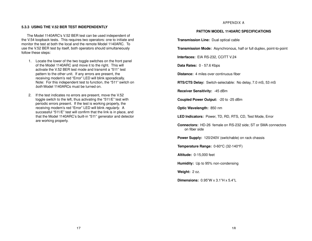 Patton electronic Using the V.52 BER Test Independently, Appendix a Patton Model 1140ARC Specifications, Weight 2 oz 