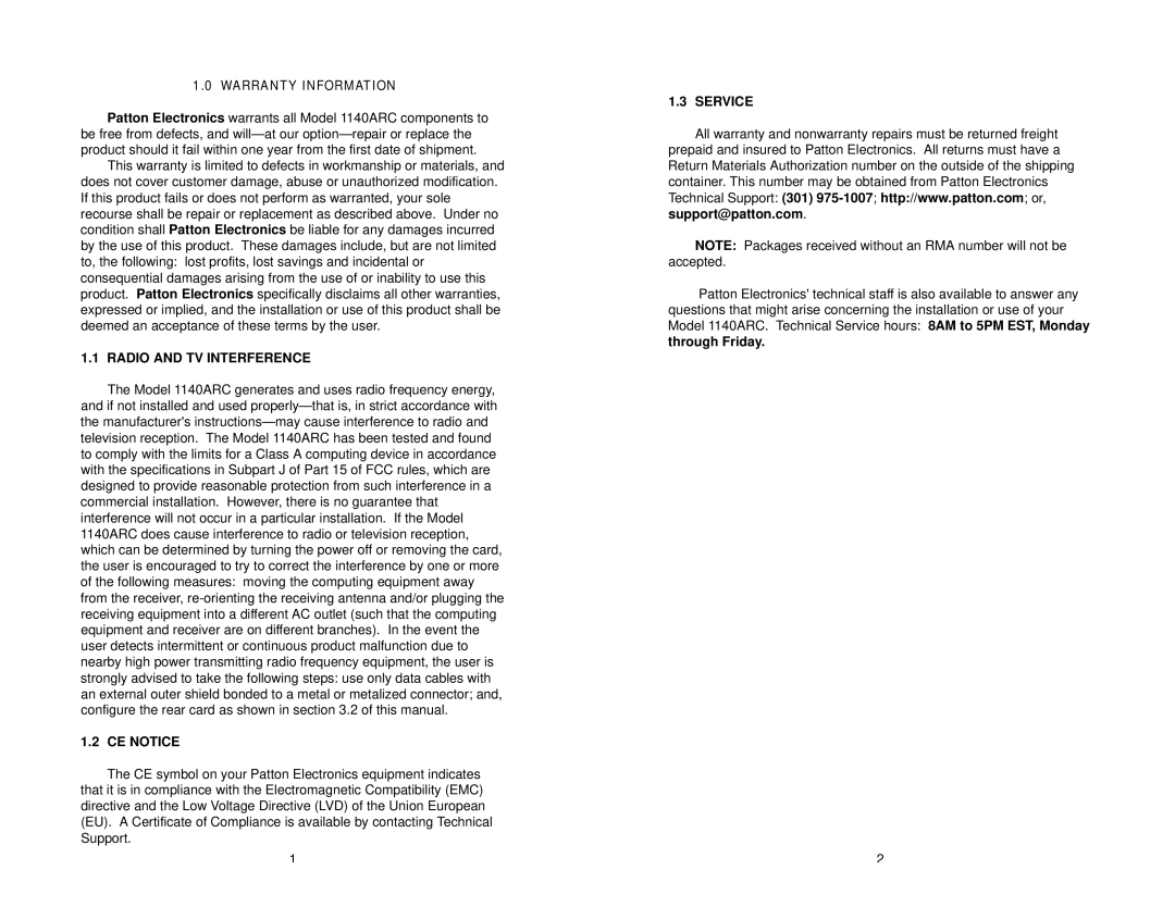 Patton electronic 1140ARC user manual Warranty Information, Radio and TV Interference, CE Notice, Service 