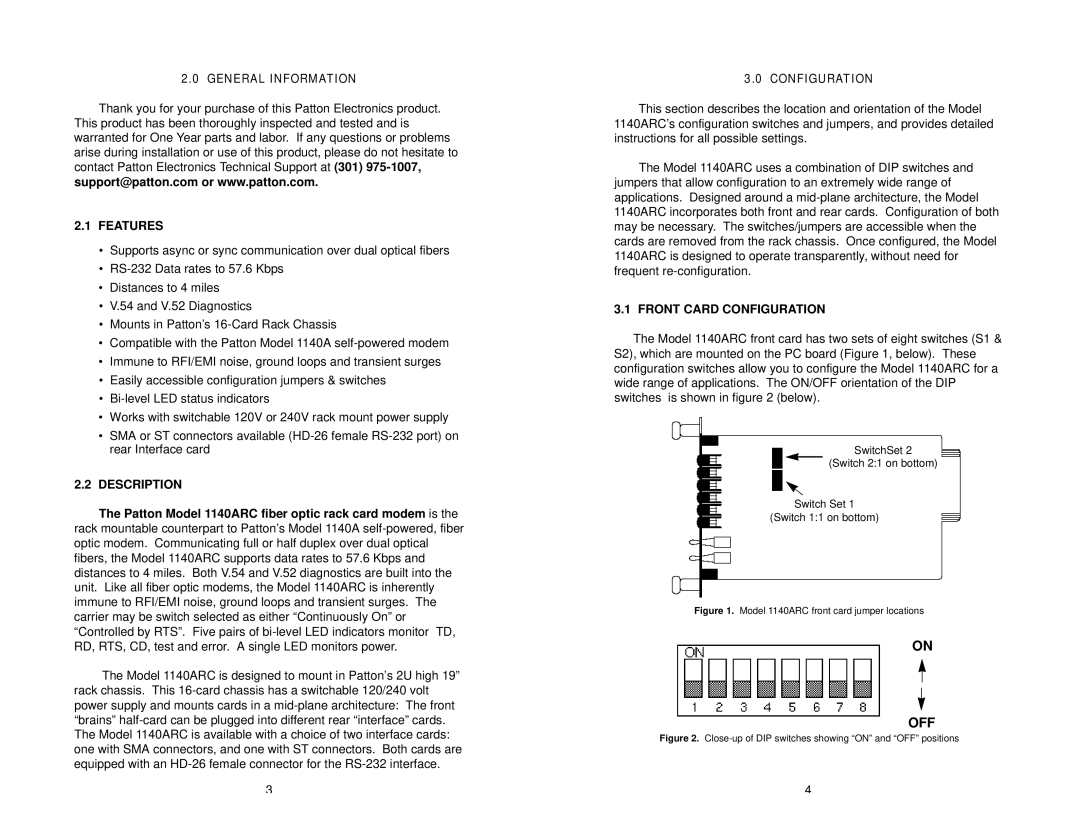 Patton electronic 1140ARC user manual General Information, Features, Description, Front Card Configuration 